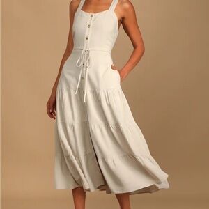 Lulus See the City Beige Button-Front Tiered Midi Dress